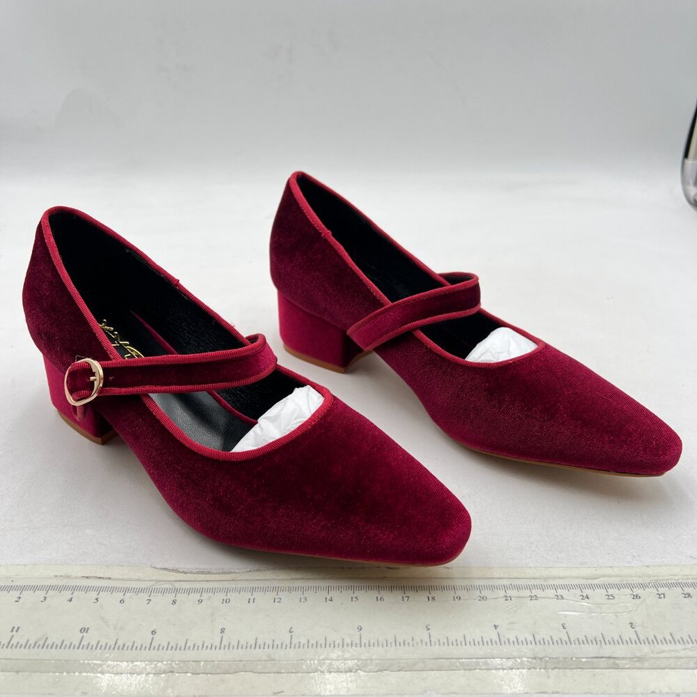 XYD Burgundy Low Heel Chunky Mary Jane Pumps Square Toe Buckled Strap Daily Shoe - Picture 4 of 8